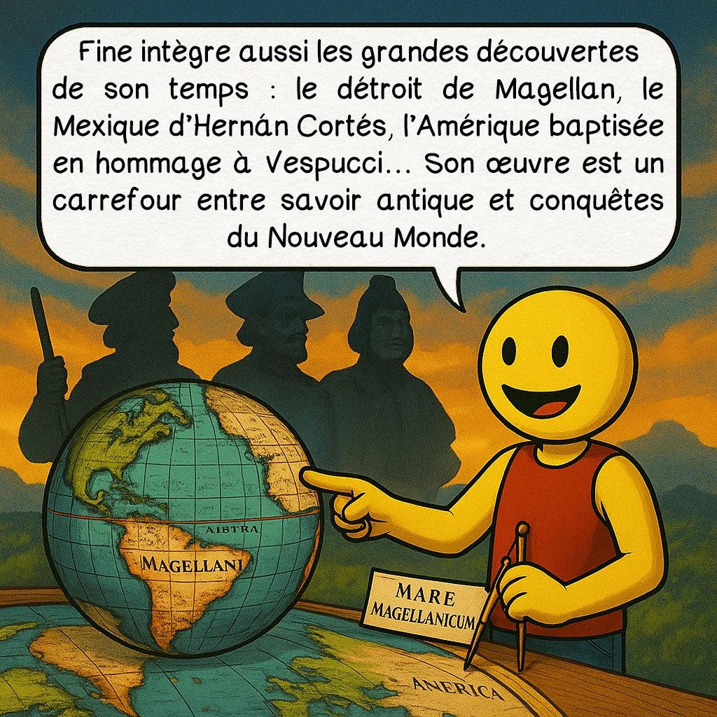 La carte d’Oronce Fine, case 6 : Fine intègre aussi les grandes découvertes de son temps : le détroit de Magellan, le Mexique d’Hernán Cortés, l’Amérique baptisée en hommage à Vespucci… Son œuvre est un carrefour entre savoir antique et conquêtes du Nouveau Monde.