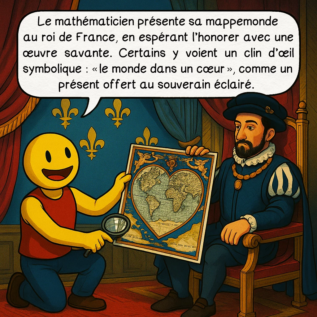 La carte d’Oronce Fine, case 7 : Le mathématicien présente sa mappemonde au roi de France, en espérant l’honorer avec une œuvre savante. Certains y voient un clin d’œil symbolique : « le monde dans un cœur », comme un présent offert au souverain éclairé.