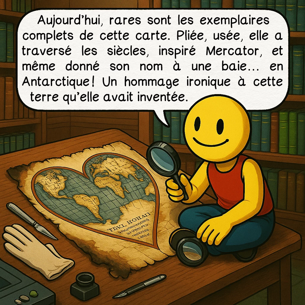 La carte d’Oronce Fine, case 8 : Aujourd’hui, rares sont les exemplaires complets de cette carte. Pliée, usée, elle a traversé les siècles, inspiré Mercator, et même donné son nom à une baie… en Antarctique ! Un hommage ironique à cette terre qu’elle avait inventée.