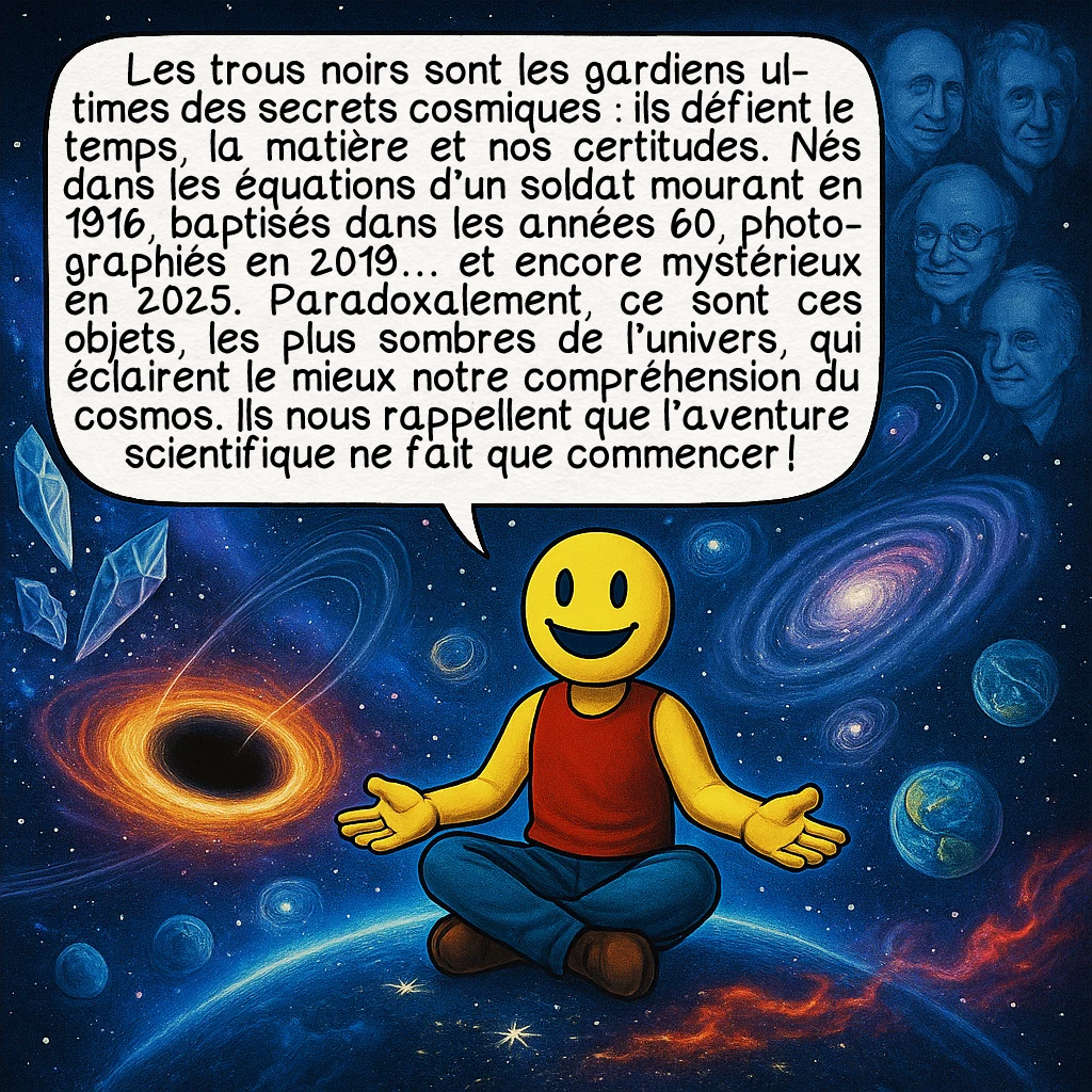 Les trous noirs, case 10 : Les trous noirs sont les gardiens ultimes des secrets cosmiques : ils défient le temps, la matière et nos certitudes. Nés dans les équations d’un soldat mourant en 1916, baptisés dans les années 60, photographiés en 2019… et encore mystérieux en 2025. Paradoxalement, ce sont ces objets, les plus sombres de l’univers, qui éclairent le mieux notre compréhension du cosmos. Ils nous rappellent que l’aventure scientifique ne fait que commencer !