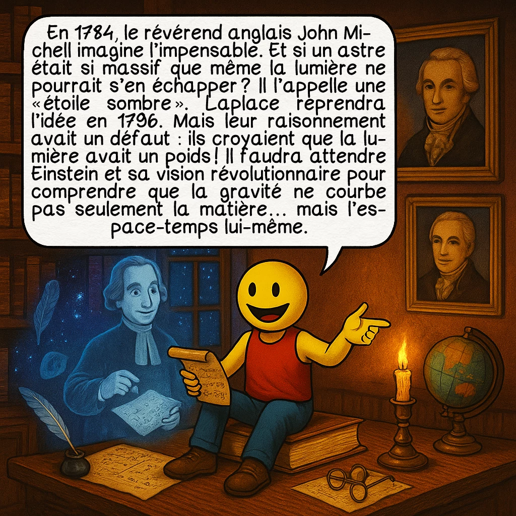 Les trous noirs, case 2 : En 1784, le révérend anglais John Michell imagine l’impensable. Et si un astre était si massif que même la lumière ne pourrait s’en échapper ? Il l’appelle une « étoile sombre ». Laplace reprendra l’idée en 1796. Mais leur raisonnement avait un défaut : ils croyaient que la lumière avait un poids ! Il faudra attendre Einstein et sa vision révolutionnaire pour comprendre que la gravité ne courbe pas seulement la matière… mais l’espace-temps lui-même.