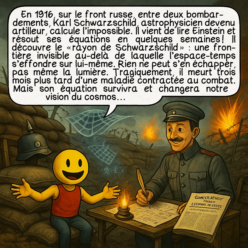 Les trous noirs, case 3 : En 1916, sur le front russe, entre deux bombardements, Karl Schwarzschild, astrophysicien devenu artilleur, calcule l’impossible. Il vient de lire Einstein et résout ses équations en quelques semaines ! Il découvre le « rayon de Schwarzschild » : une frontière invisible au-delà de laquelle l’espace-temps s’effondre sur lui-même. Rien ne peut s’en échapper, pas même la lumière. Tragiquement, il meurt trois mois plus tard d’une maladie contractée au combat. Mais son équation survivra et changera notre vision du cosmos…