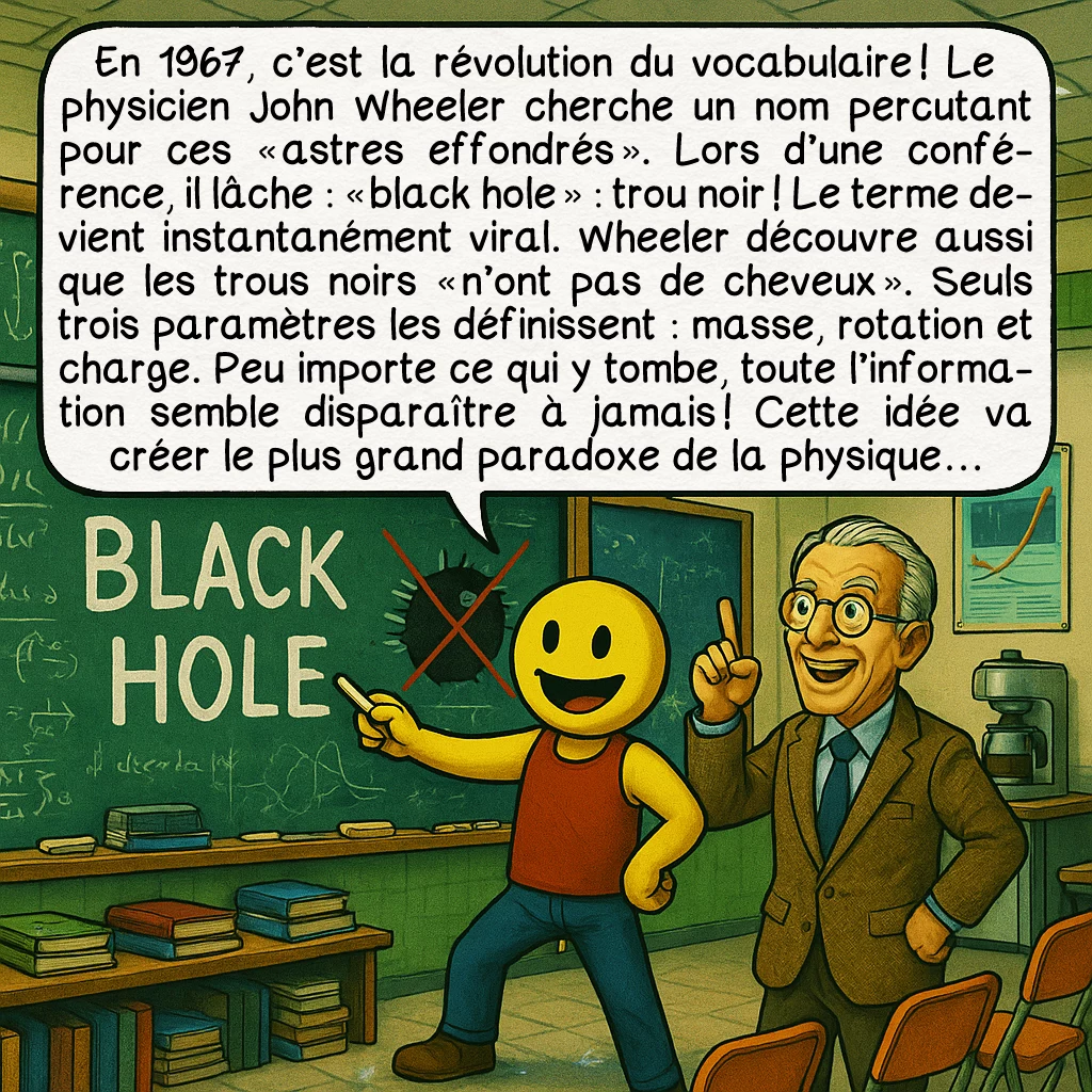 Les trous noirs, case 4 : En 1967, c’est la révolution du vocabulaire ! Le physicien John Wheeler cherche un nom percutant pour ces « astres effondrés ». Lors d’une conférence, il lâche : « black hole » : trou noir ! Le terme devient instantanément viral. Wheeler découvre aussi que les trous noirs « n’ont pas de cheveux ». Seuls trois paramètres les définissent : masse, rotation et charge. Peu importe ce qui y tombe, toute l’information semble disparaître à jamais ! Cette idée va créer le plus grand paradoxe de la physique…