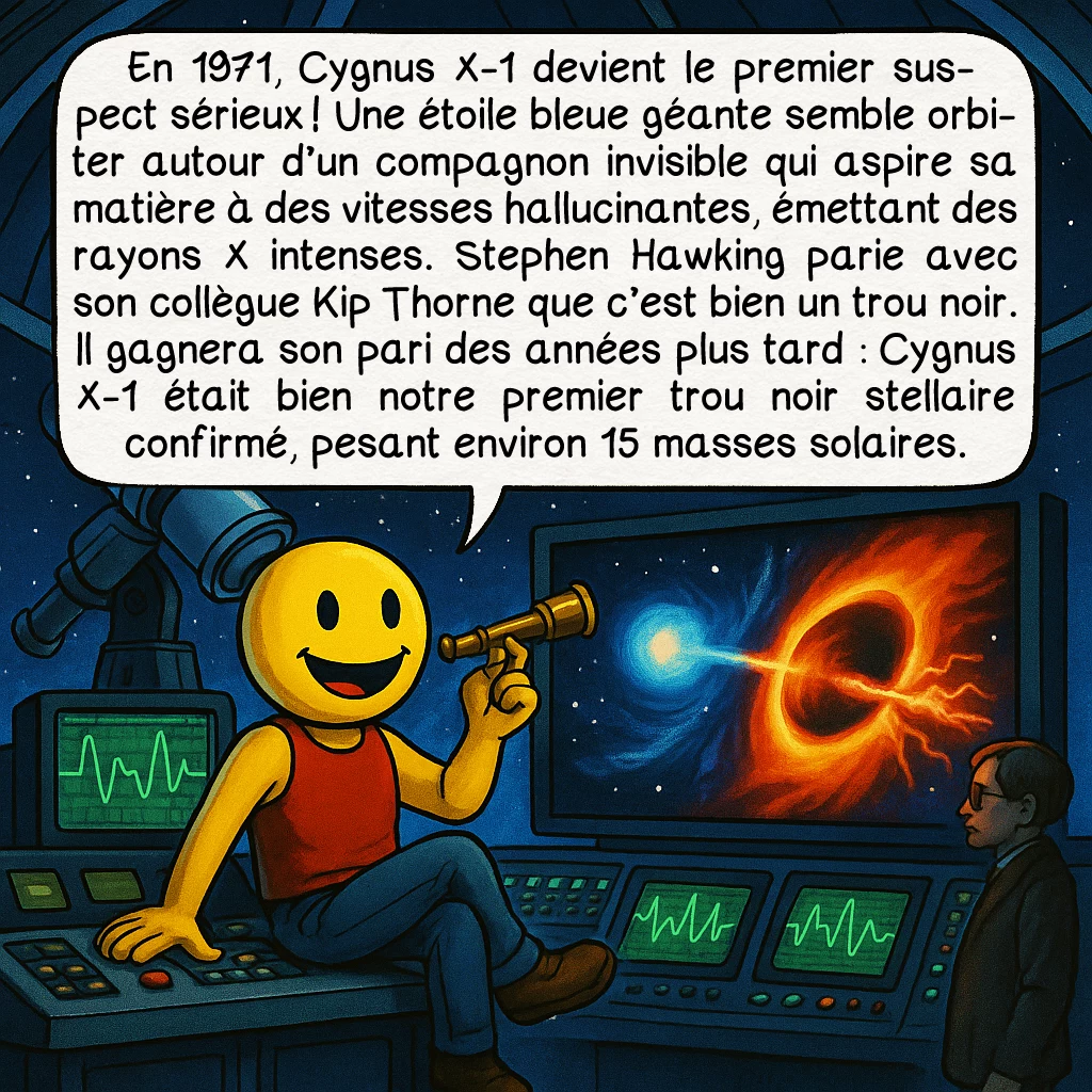 Les trous noirs, case 5 : En 1971, Cygnus X-1 devient le premier suspect sérieux ! Une étoile bleue géante semble orbiter autour d’un compagnon invisible qui aspire sa matière à des vitesses hallucinantes, émettant des rayons X intenses. Stephen Hawking parie avec son collègue Kip Thorne que c’est bien un trou noir. Il gagnera son pari des années plus tard : Cygnus X-1 était bien notre premier trou noir stellaire confirmé, pesant environ 15 masses solaires.