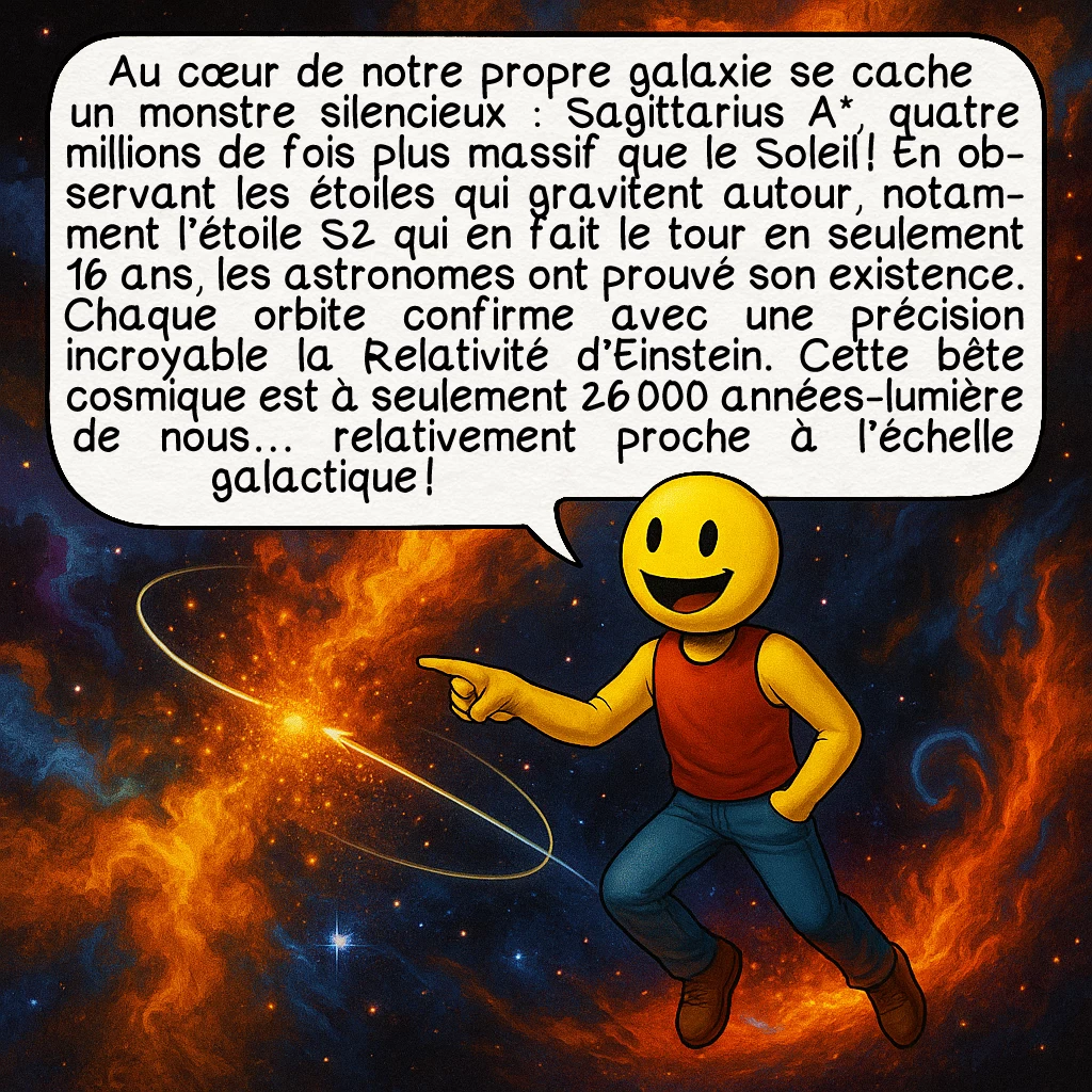 Les trous noirs, case 6 : Au cœur de notre propre galaxie se cache un monstre silencieux : Sagittarius A*, quatre millions de fois plus massif que le Soleil ! En observant les étoiles qui gravitent autour, notamment l’étoile S2 qui en fait le tour en seulement 16 ans, les astronomes ont prouvé son existence. Chaque orbite confirme avec une précision incroyable la Relativité d’Einstein. Cette bête cosmique est à seulement 26 000 années-lumière de nous… relativement proche à l’échelle galactique !