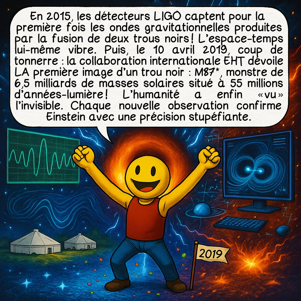 Les trous noirs, case 7 : En 2015, les détecteurs LIGO captent pour la première fois les ondes gravitationnelles produites par la fusion de deux trous noirs ! L’espace-temps lui-même vibre. Puis, le 10 avril 2019, coup de tonnerre : la collaboration internationale EHT dévoile LA première image d’un trou noir : M87*, monstre de 6,5 milliards de masses solaires situé à 55 millions d’années-lumière ! L’humanité a enfin « vu » l’invisible. Chaque nouvelle observation confirme Einstein avec une précision stupéfiante.