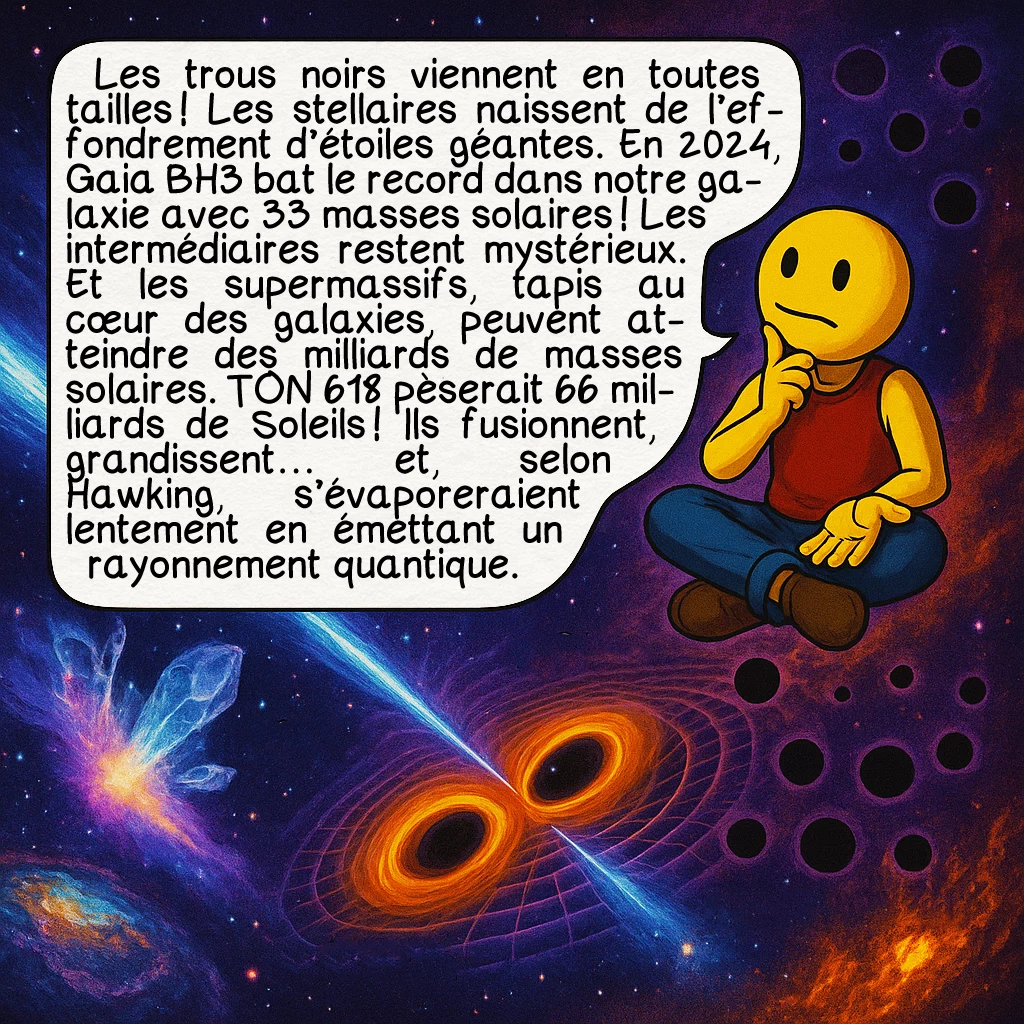 Les trous noirs, case 8 : Les trous noirs viennent en toutes tailles ! Les stellaires naissent de l’effondrement d’étoiles géantes. En 2024, Gaia BH3 bat le record dans notre galaxie avec 33 masses solaires ! Les intermédiaires restent mystérieux. Et les supermassifs, tapis au cœur des galaxies, peuvent atteindre des milliards de masses solaires. TON 618 pèserait 66 milliards de Soleils ! Ils fusionnent, grandissent… et, selon Hawking, s’évaporeraient lentement en émettant un rayonnement quantique.