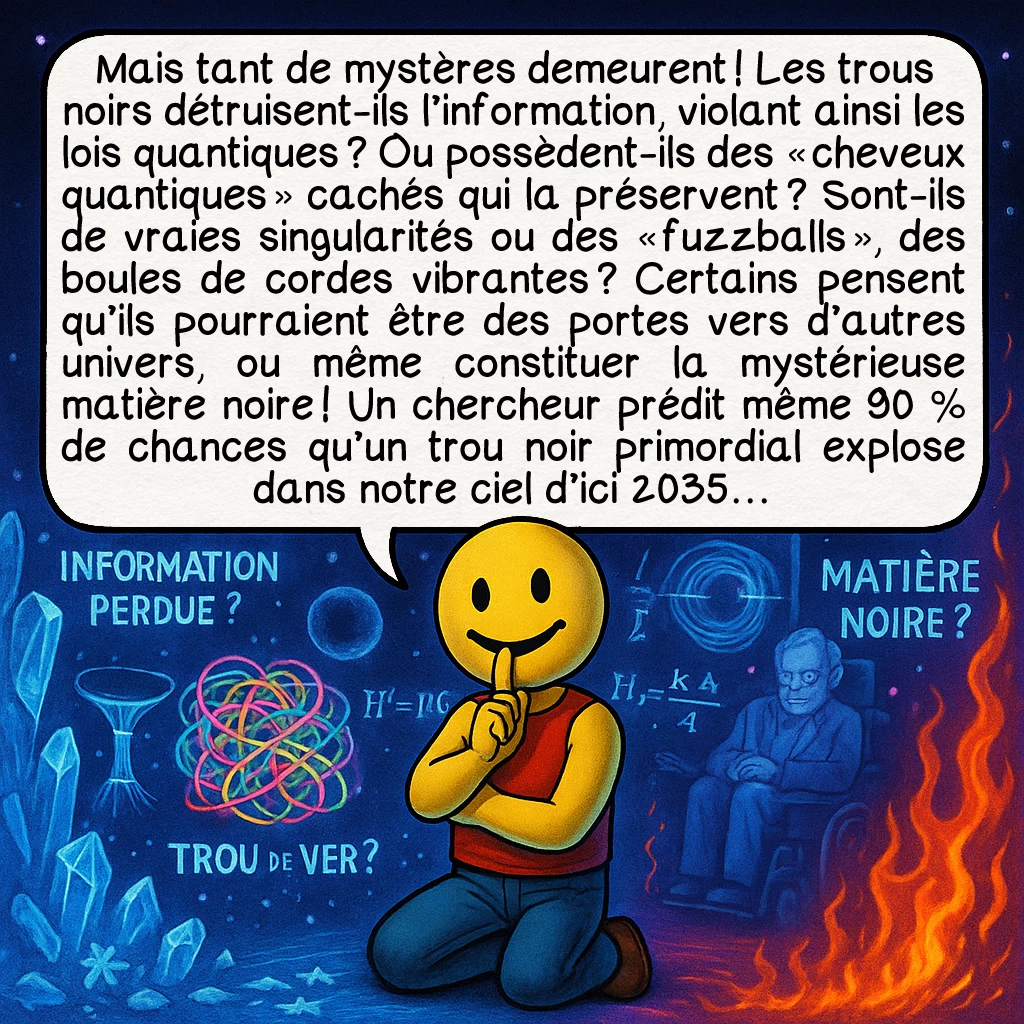 Les trous noirs, case 9 : Mais tant de mystères demeurent ! Les trous noirs détruisent-ils l’information, violant ainsi les lois quantiques ? Ou possèdent-ils des « cheveux quantiques » cachés qui la préservent ? Sont-ils de vraies singularités ou des « fuzzballs », des boules de cordes vibrantes ? Certains pensent qu’ils pourraient être des portes vers d’autres univers, ou même constituer la mystérieuse matière noire ! Un chercheur prédit même 90 % de chances qu’un trou noir primordial explose dans notre ciel d’ici 2035…