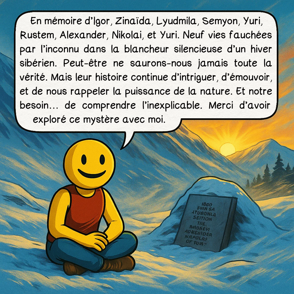 L’affaire du col Dyatlov, case 10 : En mémoire d’Igor, Zinaïda, Lyudmila, Semyon, Yuri, Rustem, Alexander, Nikolai, et Yuri. Neuf vies fauchées par l’inconnu dans la blancheur silencieuse d’un hiver sibérien. Peut-être ne saurons-nous jamais toute la vérité. Mais leur histoire continue d’intriguer, d’émouvoir, et de nous rappeler la puissance de la nature. Et notre besoin… de comprendre l’inexplicable. Merci d’avoir exploré ce mystère avec moi.