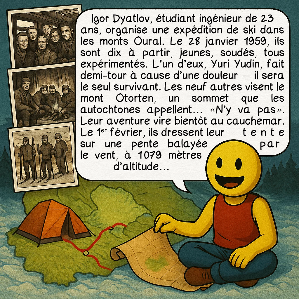 L’affaire du col Dyatlov, case 2 : Igor Dyatlov, étudiant ingénieur de 23 ans, organise une expédition de ski dans les monts Oural.Le 28 janvier 1959, ils sont dix à partir, jeunes, soudés, tous expérimentés. L’un d’eux, Yuri Yudin, fait demi-tour à cause d’une douleur — il sera le seul survivant. Les neuf autres visent le mont Otorten, un sommet que les autochtones appellent… « N’y va pas ». Leur aventure vire bientôt au cauchemar.Le 1er février, ils dressent leur tente sur une pente balayée par le vent, à 1 079 mètres d’altitude…