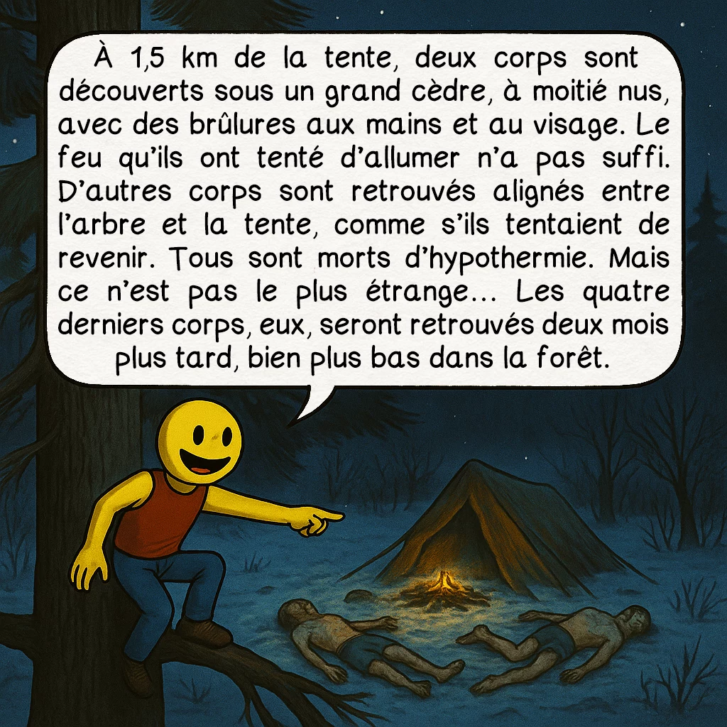 L’affaire du col Dyatlov, case 4 : À 1,5 km de la tente, deux corps sont découverts sous un grand cèdre, à moitié nus, avec des brûlures aux mains et au visage. Le feu qu’ils ont tenté d’allumer n’a pas suffi. D’autres corps sont retrouvés alignés entre l’arbre et la tente, comme s’ils tentaient de revenir. Tous sont morts d’hypothermie. Mais ce n’est pas le plus étrange… Les quatre derniers corps, eux, seront retrouvés deux mois plus tard, bien plus bas dans la forêt.