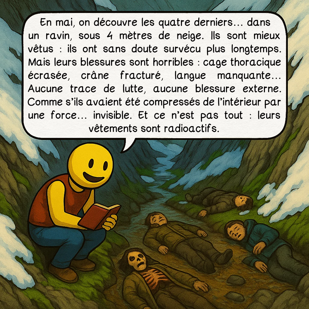 L’affaire du col Dyatlov, case 5 : En mai, on découvre les quatre derniers… dans un ravin, sous 4 mètres de neige. Ils sont mieux vêtus : ils ont sans doute survécu plus longtemps. Mais leurs blessures sont horribles : cage thoracique écrasée, crâne fracturé, langue manquante… Aucune trace de lutte, aucune blessure externe.Comme s’ils avaient été compressés de l’intérieur par une force… invisible. Et ce n’est pas tout : leurs vêtements sont radioactifs.