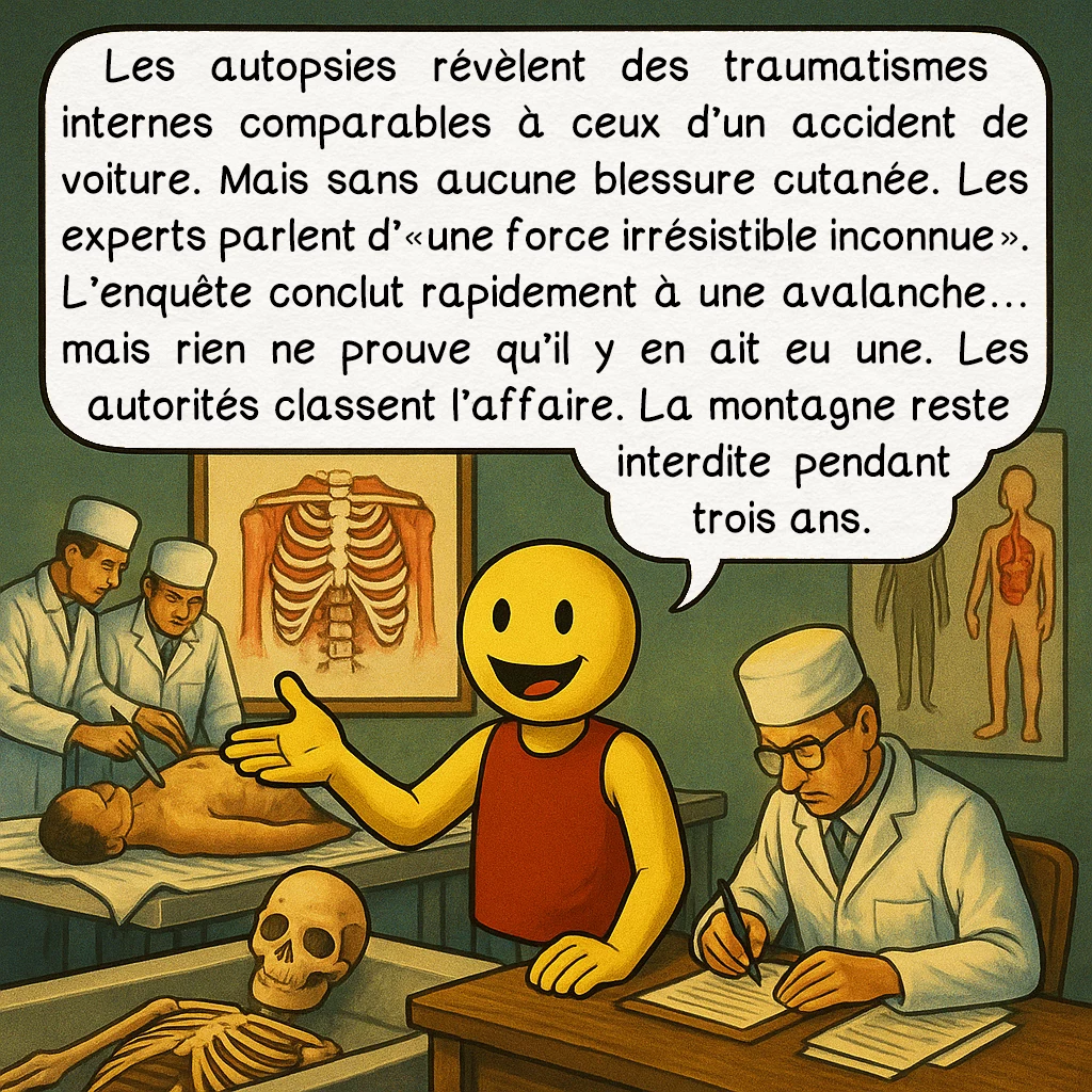 L’affaire du col Dyatlov, case 6 : Les autopsies révèlent des traumatismes internes comparables à ceux d’un accident de voiture.Mais sans aucune blessure cutanée.Les experts parlent d’« une force irrésistible inconnue ». L’enquête conclut rapidement à une avalanche… mais rien ne prouve qu’il y en ait eu une. Les autorités classent l’affaire. La montagne reste interdite pendant trois ans.