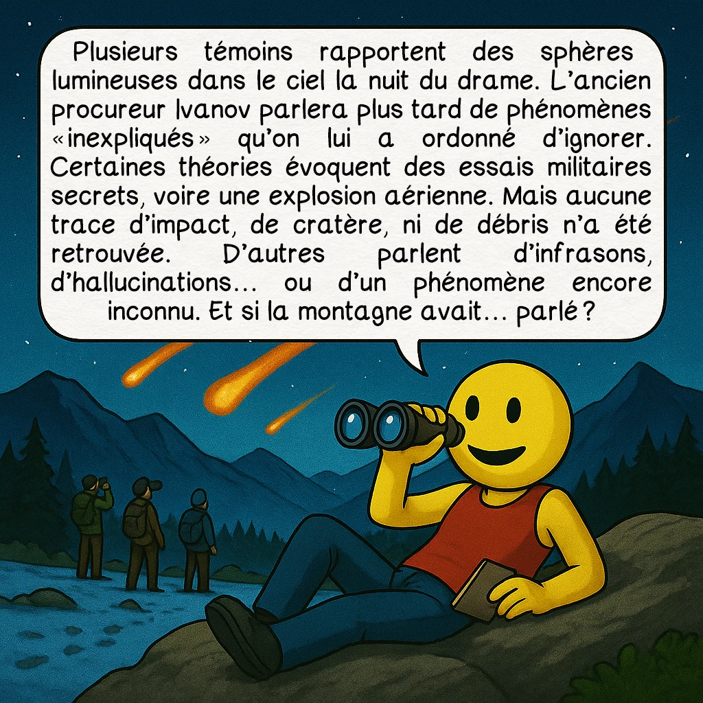 L’affaire du col Dyatlov, case 7 : Plusieurs témoins rapportent des sphères lumineuses dans le ciel la nuit du drame.L’ancien procureur Ivanov parlera plus tard de phénomènes « inexpliqués » qu’on lui a ordonné d’ignorer. Certaines théories évoquent des essais militaires secrets, voire une explosion aérienne.Mais aucune trace d’impact, de cratère, ni de débris n’a été retrouvée. D’autres parlent d’infrasons, d’hallucinations… ou d’un phénomène encore inconnu. Et si la montagne avait… parlé ?