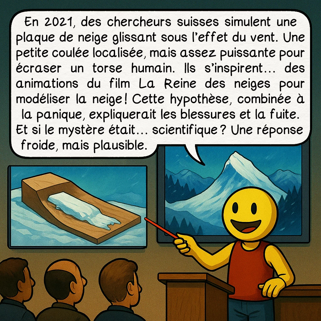 L’affaire du col Dyatlov, case 8 : En 2021, des chercheurs suisses simulent une plaque de neige glissant sous l’effet du vent. Une petite coulée localisée, mais assez puissante pour écraser un torse humain. Ils s’inspirent… des animations du film La Reine des neiges pour modéliser la neige ! Cette hypothèse, combinée à la panique, expliquerait les blessures et la fuite.Et si le mystère était… scientifique ? Une réponse froide, mais plausible.