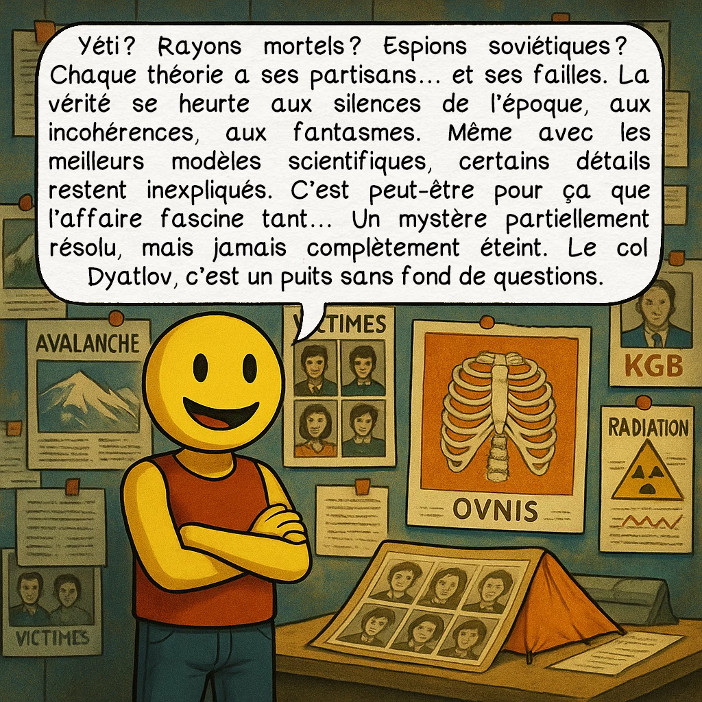 L’affaire du col Dyatlov, case 9 : Yéti ? Rayons mortels ? Espions soviétiques ? Chaque théorie a ses partisans… et ses failles. La vérité se heurte aux silences de l’époque, aux incohérences, aux fantasmes. Même avec les meilleurs modèles scientifiques, certains détails restent inexpliqués. C’est peut-être pour ça que l’affaire fascine tant… Un mystère partiellement résolu, mais jamais complètement éteint. Le col Dyatlov, c’est un puits sans fond de questions.