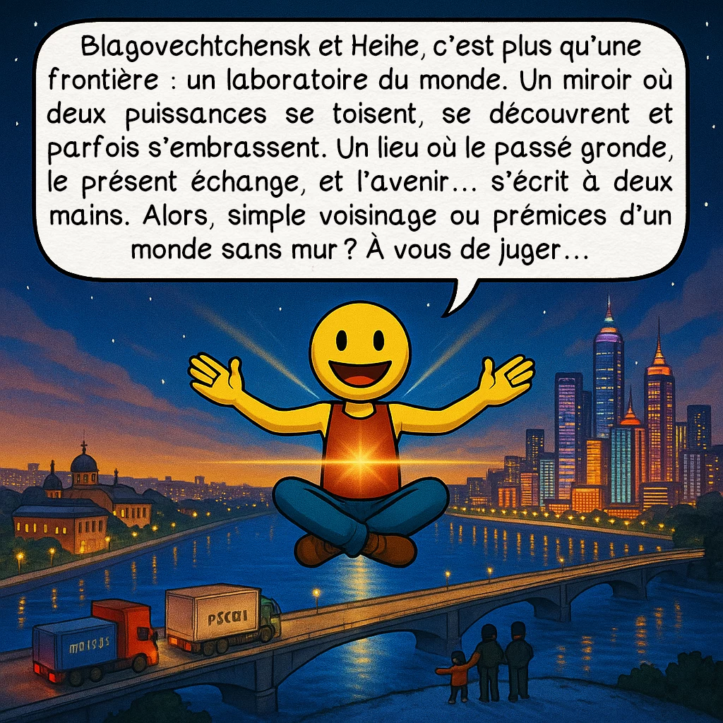 L’agglomération transfrontalière Blagovechtchensk-Heihe, case 10 : Blagovechtchensk et Heihe, c’est plus qu’une frontière : un laboratoire du monde. Un miroir où deux puissances se toisent, se découvrent et parfois s’embrassent. Un lieu où le passé gronde, le présent échange, et l’avenir… s’écrit à deux mains. Alors, simple voisinage ou prémices d’un monde sans mur ? À vous de juger…