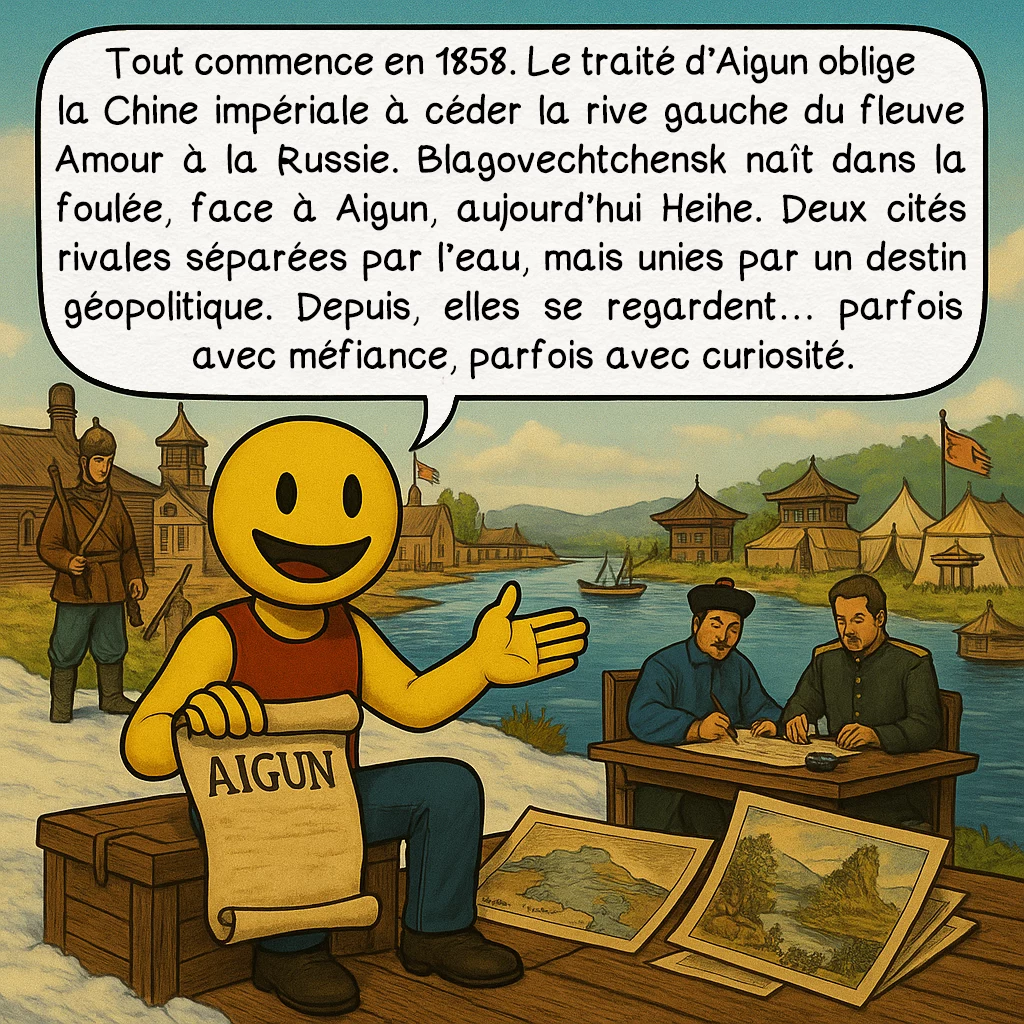 L’agglomération transfrontalière Blagovechtchensk-Heihe, case 2 : Tout commence en 1858. Le traité d’Aigun oblige la Chine impériale à céder la rive gauche du fleuve Amour à la Russie. Blagovechtchensk naît dans la foulée, face à Aigun, aujourd’hui Heihe. Deux cités rivales séparées par l’eau, mais unies par un destin géopolitique. Depuis, elles se regardent… parfois avec méfiance, parfois avec curiosité.
