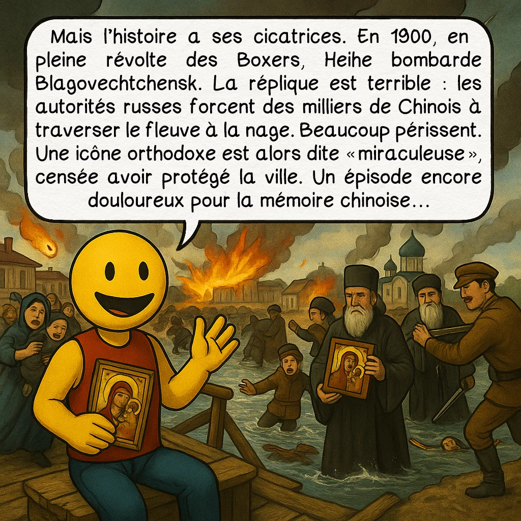 L’agglomération transfrontalière Blagovechtchensk-Heihe, case 3 : Mais l’histoire a ses cicatrices. En 1900, en pleine révolte des Boxers, Heihe bombarde Blagovechtchensk. La réplique est terrible : les autorités russes forcent des milliers de Chinois à traverser le fleuve à la nage. Beaucoup périssent. Une icône orthodoxe est alors dite « miraculeuse », censée avoir protégé la ville. Un épisode encore douloureux pour la mémoire chinoise…