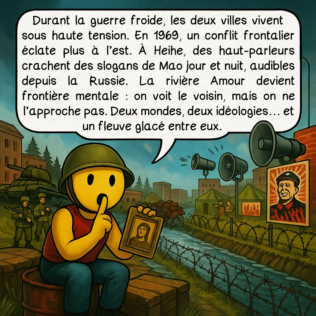 L’agglomération transfrontalière Blagovechtchensk-Heihe, case 4 : Durant la guerre froide, les deux villes vivent sous haute tension. En 1969, un conflit frontalier éclate plus à l’est. À Heihe, des haut-parleurs crachent des slogans de Mao jour et nuit, audibles depuis la Russie. La rivière Amour devient frontière mentale : on voit le voisin, mais on ne l’approche pas. Deux mondes, deux idéologies… et un fleuve glacé entre eux.