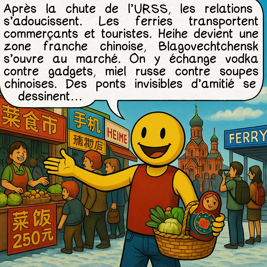 L’agglomération transfrontalière Blagovechtchensk-Heihe, case 5 : Après la chute de l’URSS, les relations s’adoucissent. Les ferries transportent commerçants et touristes. Heihe devient une zone franche chinoise, Blagovechtchensk s’ouvre au marché. On y échange vodka contre gadgets, miel russe contre soupes chinoises. Des ponts invisibles d’amitié se dessinent…