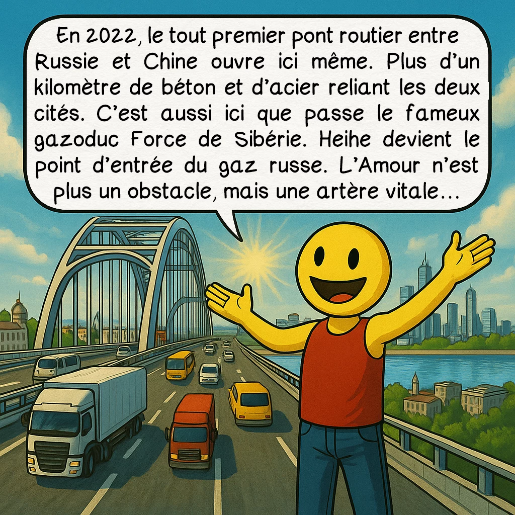 L’agglomération transfrontalière Blagovechtchensk-Heihe, case 6 : En 2022, le tout premier pont routier entre Russie et Chine ouvre ici même. Plus d’un kilomètre de béton et d’acier reliant les deux cités. C’est aussi ici que passe le fameux gazoduc Force de Sibérie. Heihe devient le point d’entrée du gaz russe. L’Amour n’est plus un obstacle, mais une artère vitale…