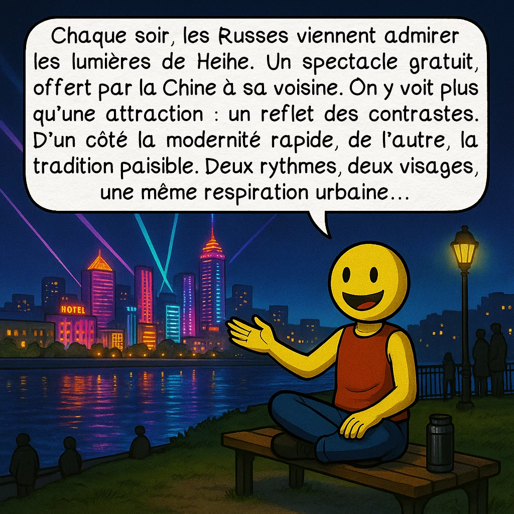 L’agglomération transfrontalière Blagovechtchensk-Heihe, case 7 : Chaque soir, les Russes viennent admirer les lumières de Heihe. Un spectacle gratuit, offert par la Chine à sa voisine. On y voit plus qu’une attraction : un reflet des contrastes. D’un côté la modernité rapide, de l’autre, la tradition paisible. Deux rythmes, deux visages, une même respiration urbaine…
