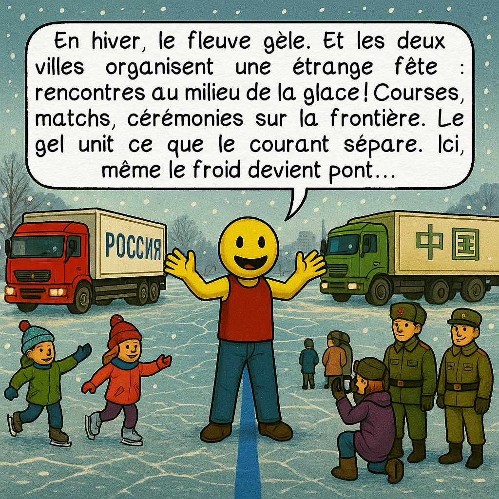 L’agglomération transfrontalière Blagovechtchensk-Heihe, case 8 : En hiver, le fleuve gèle. Et les deux villes organisent une étrange fête : rencontres au milieu de la glace ! Courses, matchs, cérémonies sur la frontière. Le gel unit ce que le courant sépare. Ici, même le froid devient pont…