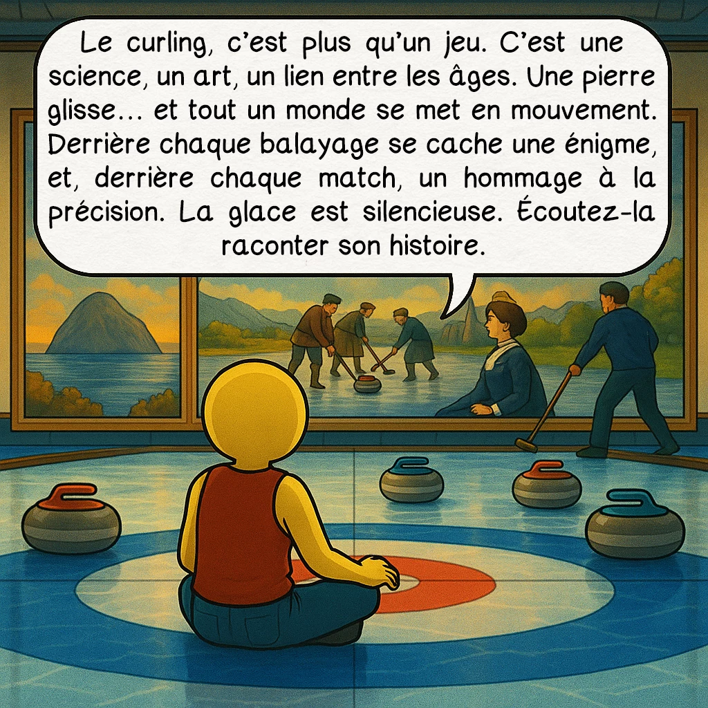 Le curling, case 10 : Le curling, c’est plus qu’un jeu. C’est une science, un art, un lien entre les âges. Une pierre glisse… et tout un monde se met en mouvement. Derrière chaque balayage se cache une énigme, et, derrière chaque match, un hommage à la précision. La glace est silencieuse. Écoutez-la raconter son histoire.