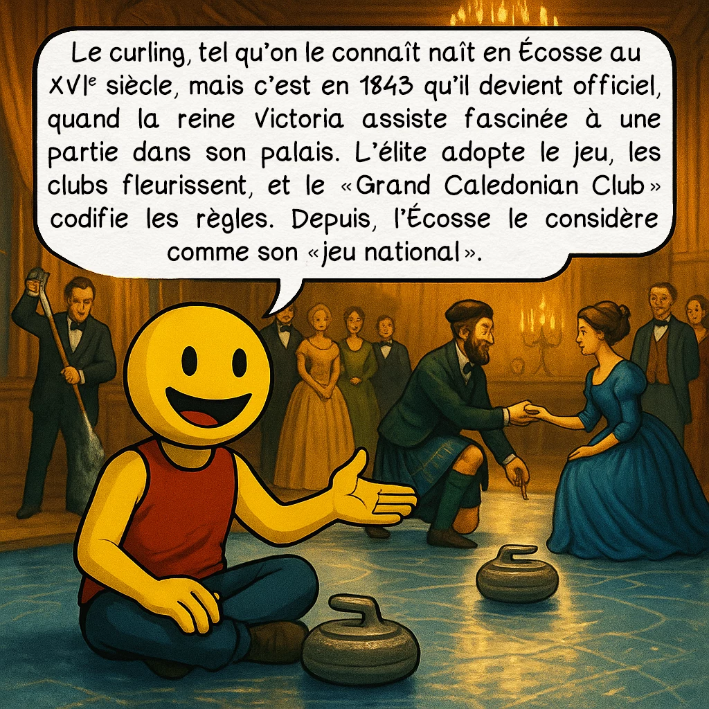 Le curling, case 2 : Le curling, tel qu’on le connaît naît en Écosse au XVIᵉ siècle, mais c’est en 1843 qu’il devient officiel, quand la reine Victoria assiste fascinée à une partie dans son palais. L’élite adopte le jeu, les clubs fleurissent, et le « Grand Caledonian Club » codifie les règles. Depuis, l’Écosse le considère comme son « jeu national ».