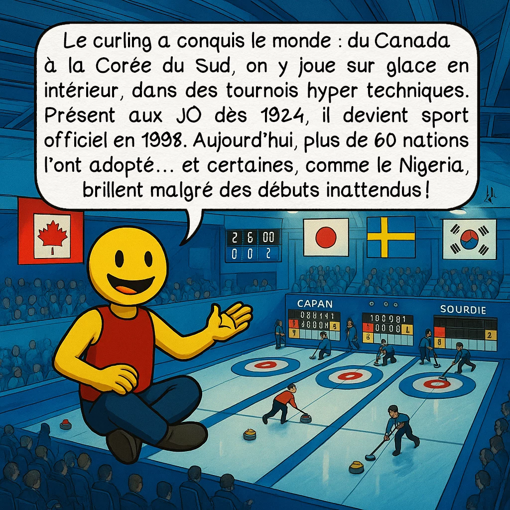 Le curling, case 3 : Le curling a conquis le monde : du Canada à la Corée du Sud, on y joue sur glace en intérieur, dans des tournois hyper techniques. Présent aux JO dès 1924, il devient sport officiel en 1998. Aujourd’hui, plus de 60 nations l’ont adopté… et certaines, comme le Nigeria, brillent malgré des débuts inattendus !