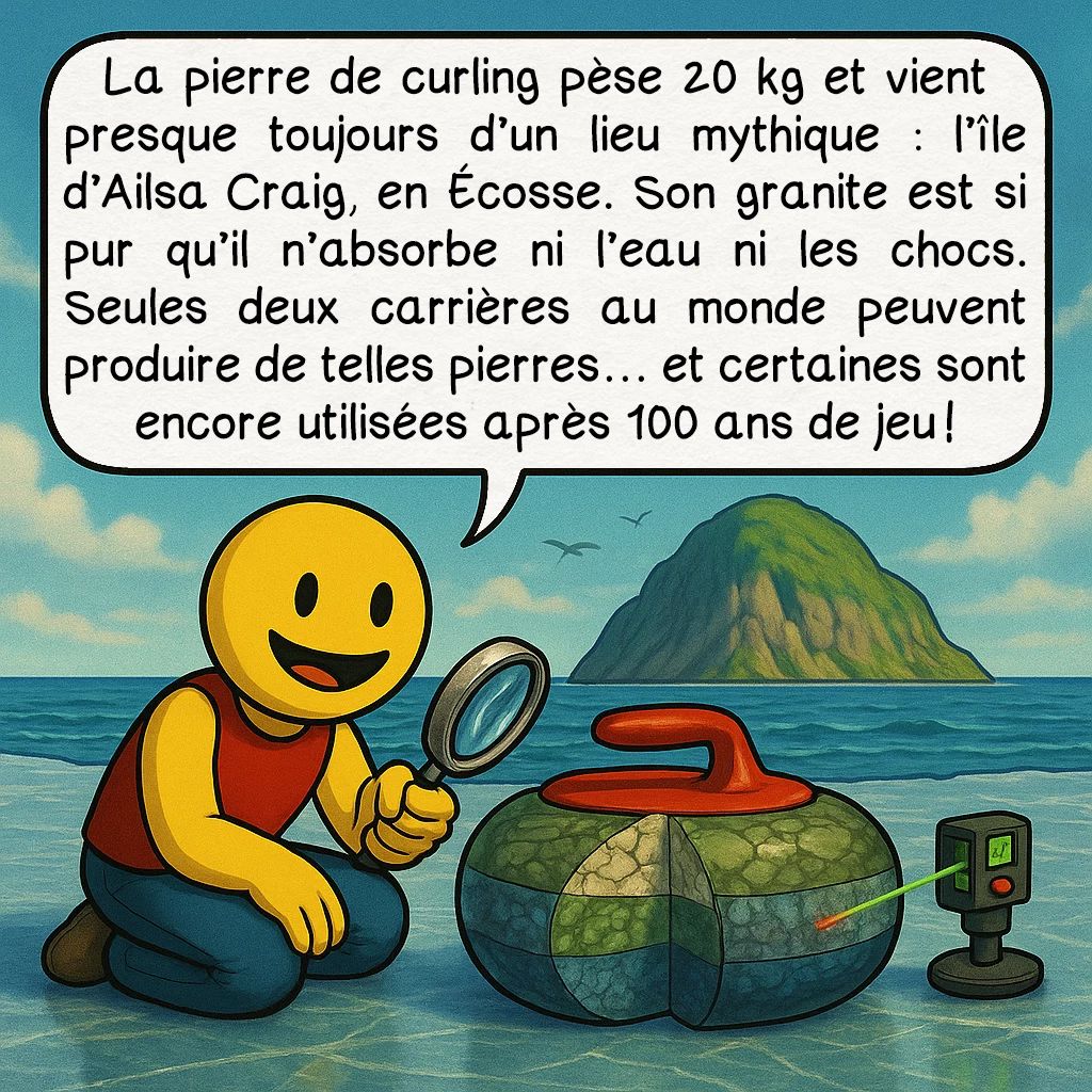 Le curling, case 4 : La pierre de curling pèse 20 kg et vient presque toujours d’un lieu mythique : l’île d’Ailsa Craig, en Écosse. Son granite est si pur qu’il n’absorbe ni l’eau ni les chocs. Seules deux carrières au monde peuvent produire de telles pierres… et certaines sont encore utilisées après 100 ans de jeu !