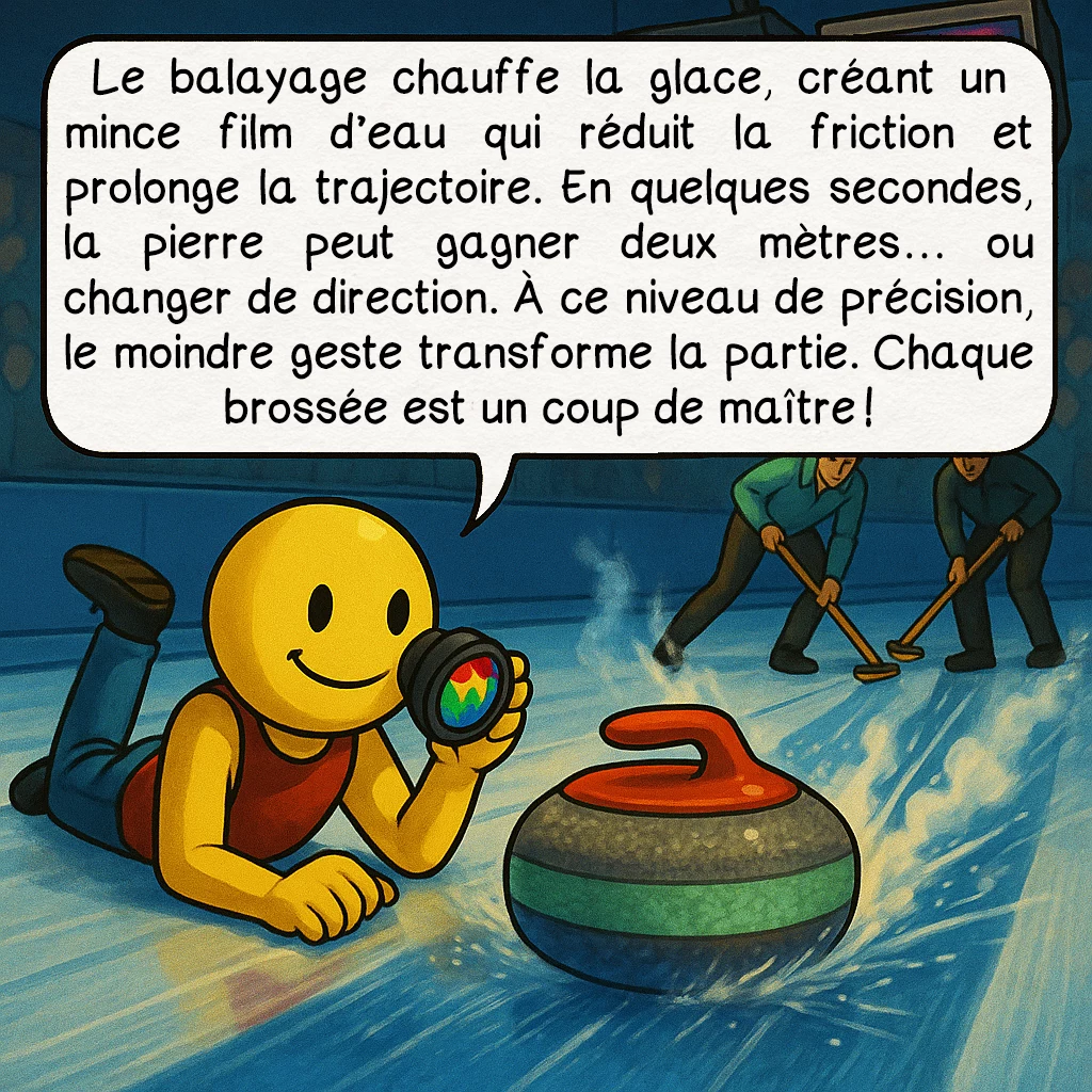 Le curling, case 5 : Le balayage chauffe la glace, créant un mince film d’eau qui réduit la friction et prolonge la trajectoire. En quelques secondes, la pierre peut gagner deux mètres… ou changer de direction. À ce niveau de précision, le moindre geste transforme la partie. Chaque brossée est un coup de maître !