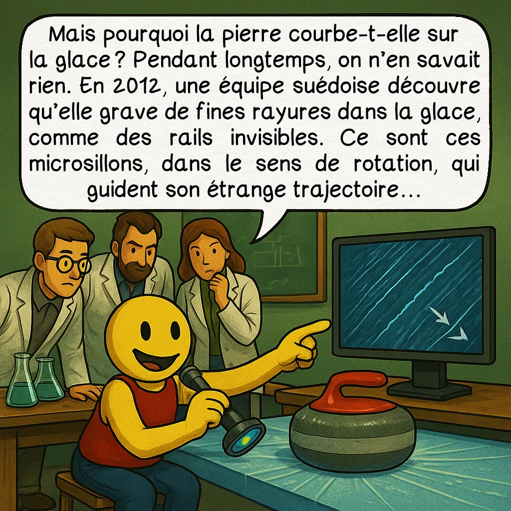 Le curling, case 6 : Mais pourquoi la pierre courbe-t-elle sur la glace ? Pendant longtemps, on n’en savait rien. En 2012, une équipe suédoise découvre qu’elle grave de fines rayures dans la glace, comme des rails invisibles. Ce sont ces microsillons, dans le sens de rotation, qui guident son étrange trajectoire…