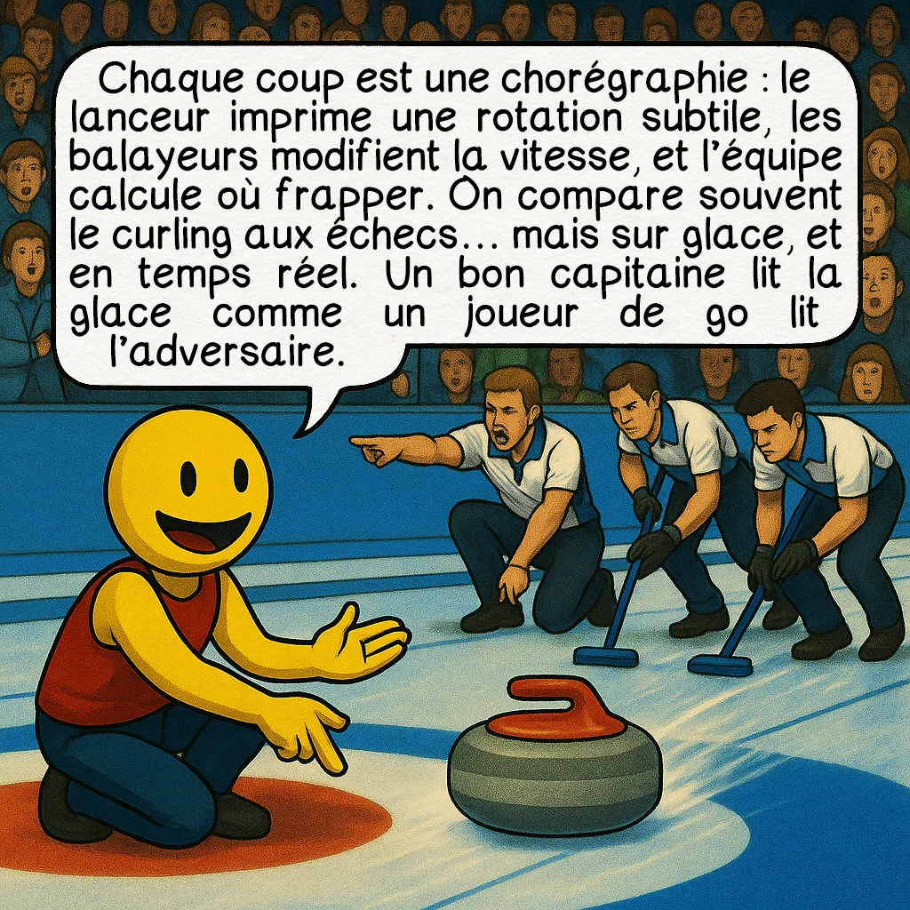 Le curling, case 7 : Chaque coup est une chorégraphie : le lanceur imprime une rotation subtile, les balayeurs modifient la vitesse, et l’équipe calcule où frapper. On compare souvent le curling aux échecs… mais sur glace, et en temps réel. Un bon capitaine lit la glace comme un joueur de go lit l’adversaire.