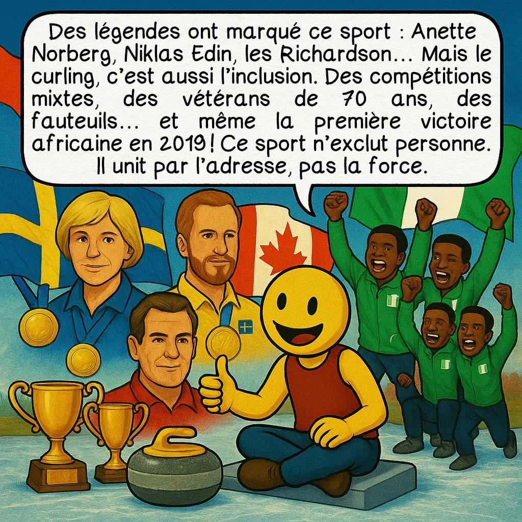 Le curling, case 8 : Des légendes ont marqué ce sport : Anette Norberg, Niklas Edin, les Richardson… Mais le curling, c’est aussi l’inclusion. Des compétitions mixtes, des vétérans de 70 ans, des fauteuils… et même la première victoire africaine en 2019 ! Ce sport n’exclut personne. Il unit par l’adresse, pas la force.