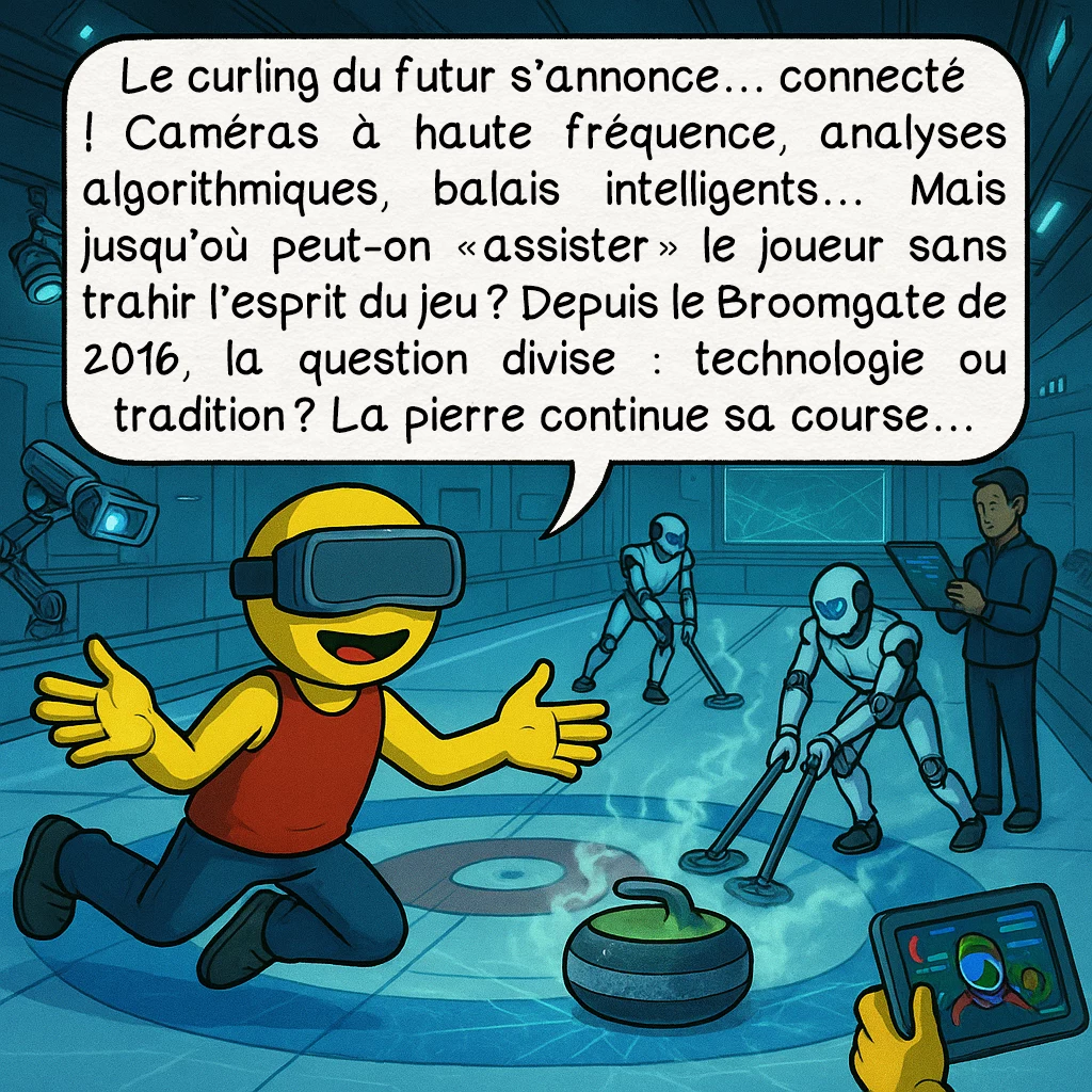 Le curling, case 9 : Le curling du futur s’annonce… connecté ! Caméras à haute fréquence, analyses algorithmiques, balais intelligents… Mais jusqu’où peut-on « assister » le joueur sans trahir l’esprit du jeu ? Depuis le Broomgate de 2016, la question divise : technologie ou tradition ? La pierre continue sa course…