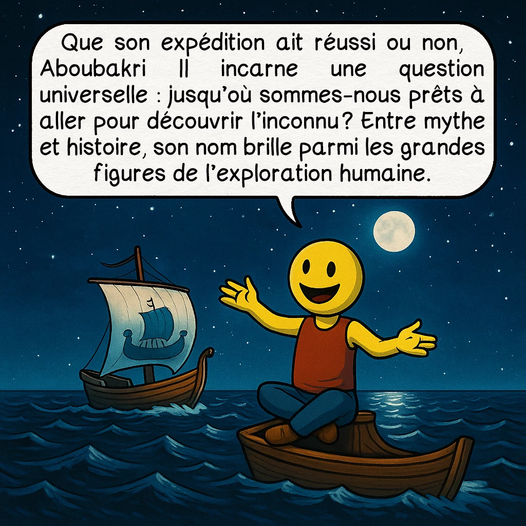 Aboubakri II, case 10 : Que son expédition ait réussi ou non, Aboubakri II incarne une question universelle : jusqu’où sommes-nous prêts à aller pour découvrir l’inconnu ? Entre mythe et histoire, son nom brille parmi les grandes figures de l’exploration humaine.