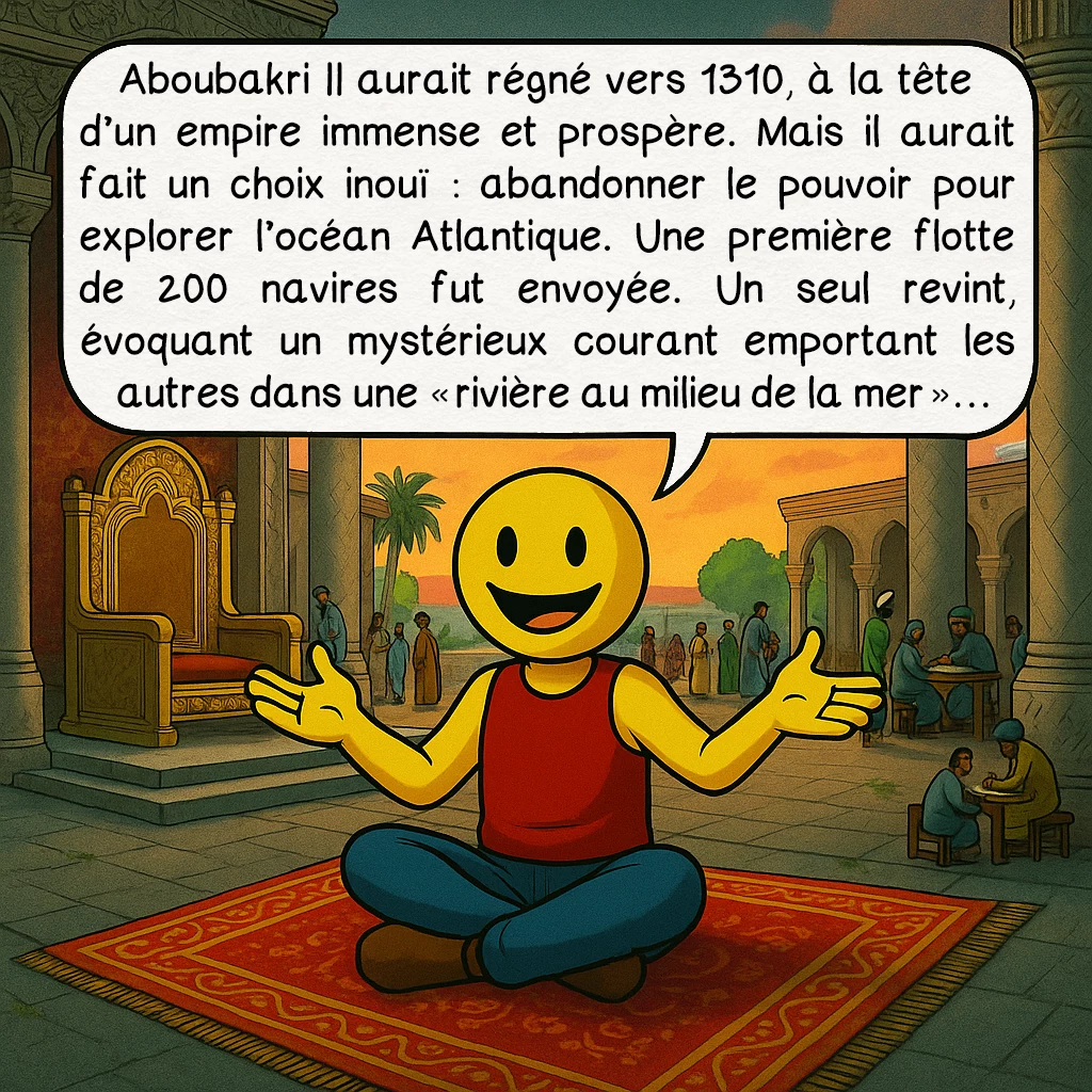 Aboubakri II, case 2 : Aboubakri II aurait régné vers 1310, à la tête d’un empire immense et prospère. Mais il aurait fait un choix inouï : abandonner le pouvoir pour explorer l’océan Atlantique. Une première flotte de 200 navires fut envoyée. Un seul revint, évoquant un mystérieux courant emportant les autres dans une « rivière au milieu de la mer »…