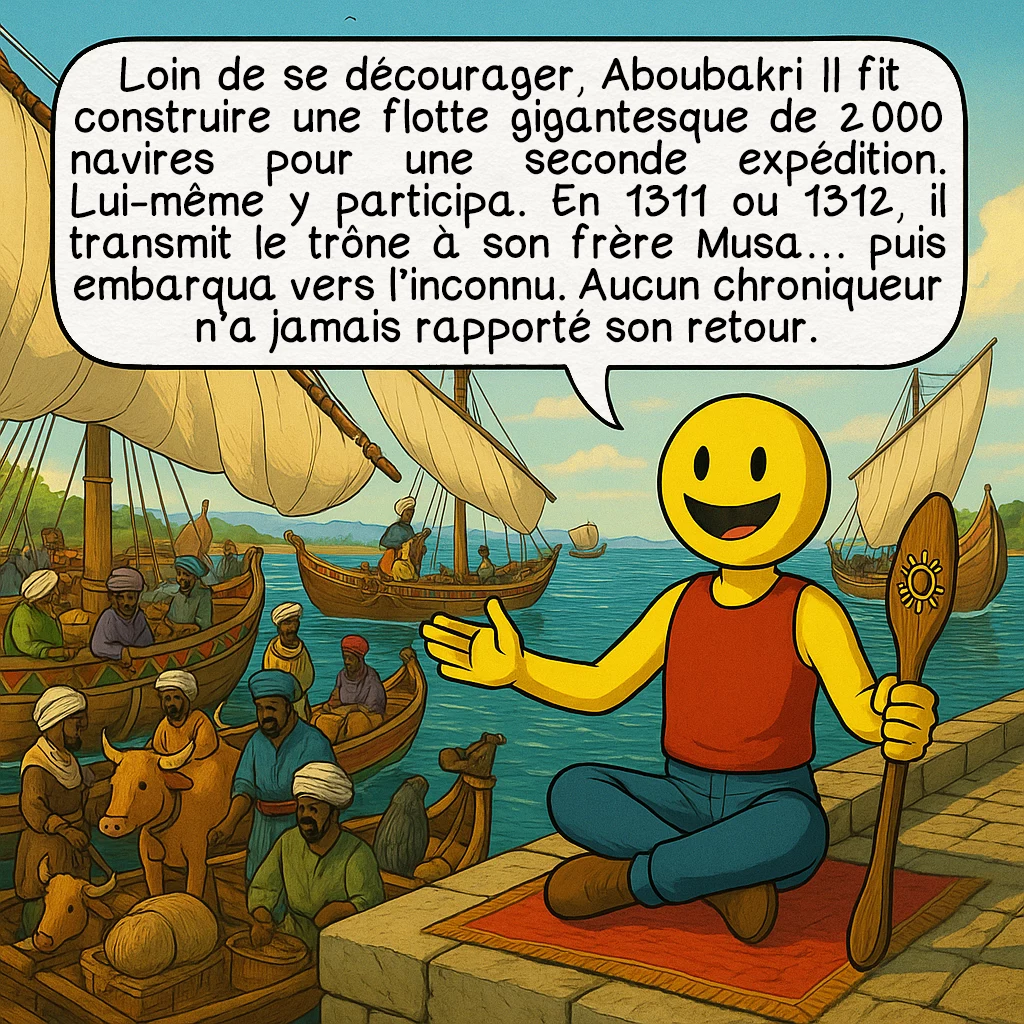 Aboubakri II, case 3 : Loin de se décourager, Aboubakri II fit construire une flotte gigantesque de 2 000 navires pour une seconde expédition. Lui-même y participa. En 1311 ou 1312, il transmit le trône à son frère Musa… puis embarqua vers l’inconnu. Aucun chroniqueur n’a jamais rapporté son retour.