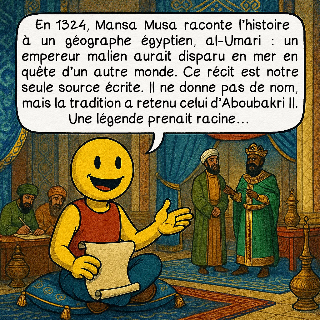 Aboubakri II, case 4 : En 1324, Mansa Musa raconte l’histoire à un géographe égyptien, al-Umari : un empereur malien aurait disparu en mer en quête d’un autre monde. Ce récit est notre seule source écrite. Il ne donne pas de nom, mais la tradition a retenu celui d’Aboubakri II. Une légende prenait racine…