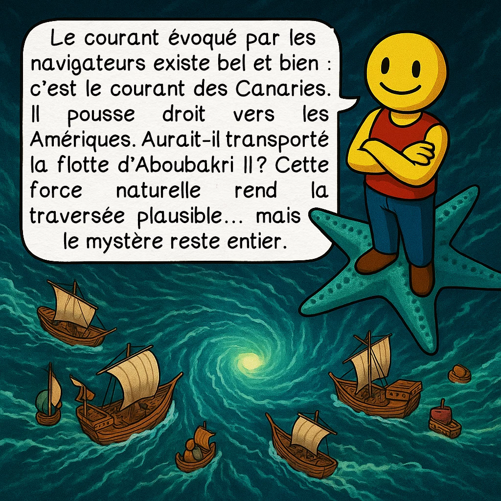 Aboubakri II, case 5 : Le courant évoqué par les navigateurs existe bel et bien : c’est le courant des Canaries. Il pousse droit vers les Amériques. Aurait-il transporté la flotte d’Aboubakri II ? Cette force naturelle rend la traversée plausible… mais le mystère reste entier.