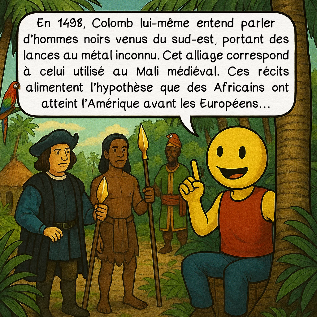 Aboubakri II, case 6 : En 1498, Colomb lui-même entend parler d’hommes noirs venus du sud-est, portant des lances au métal inconnu. Cet alliage correspond à celui utilisé au Mali médiéval. Ces récits alimentent l’hypothèse que des Africains ont atteint l’Amérique avant les Européens…