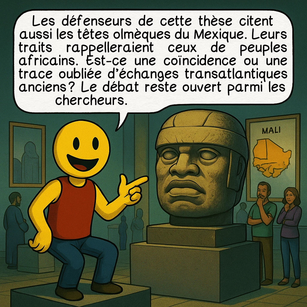 Aboubakri II, case 7 : Les défenseurs de cette thèse citent aussi les têtes olmèques du Mexique. Leurs traits rappelleraient ceux de peuples africains. Est-ce une coïncidence ou une trace oubliée d’échanges transatlantiques anciens ? Le débat reste ouvert parmi les chercheurs.