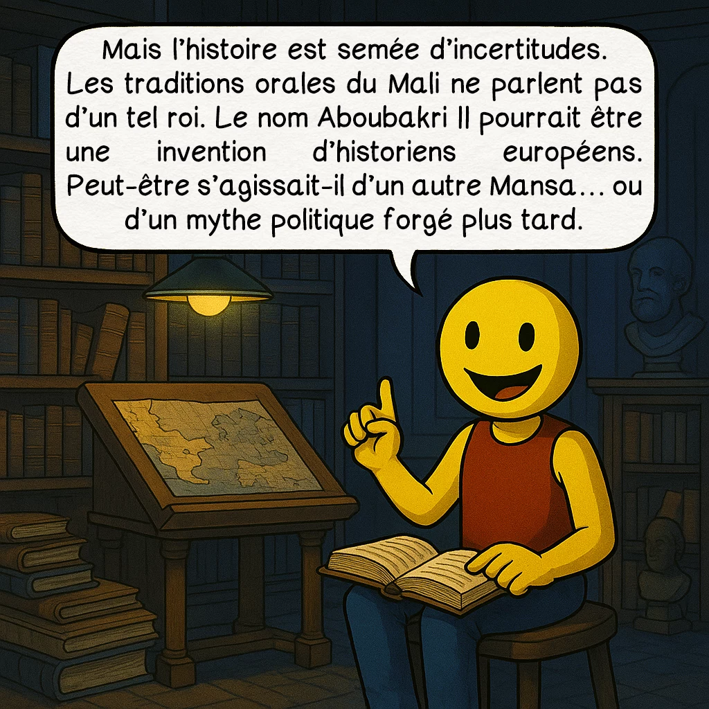 Aboubakri II, case 8 : Mais l’histoire est semée d’incertitudes. Les traditions orales du Mali ne parlent pas d’un tel roi. Le nom Aboubakri II pourrait être une invention d’historiens européens. Peut-être s’agissait-il d’un autre Mansa… ou d’un mythe politique forgé plus tard.