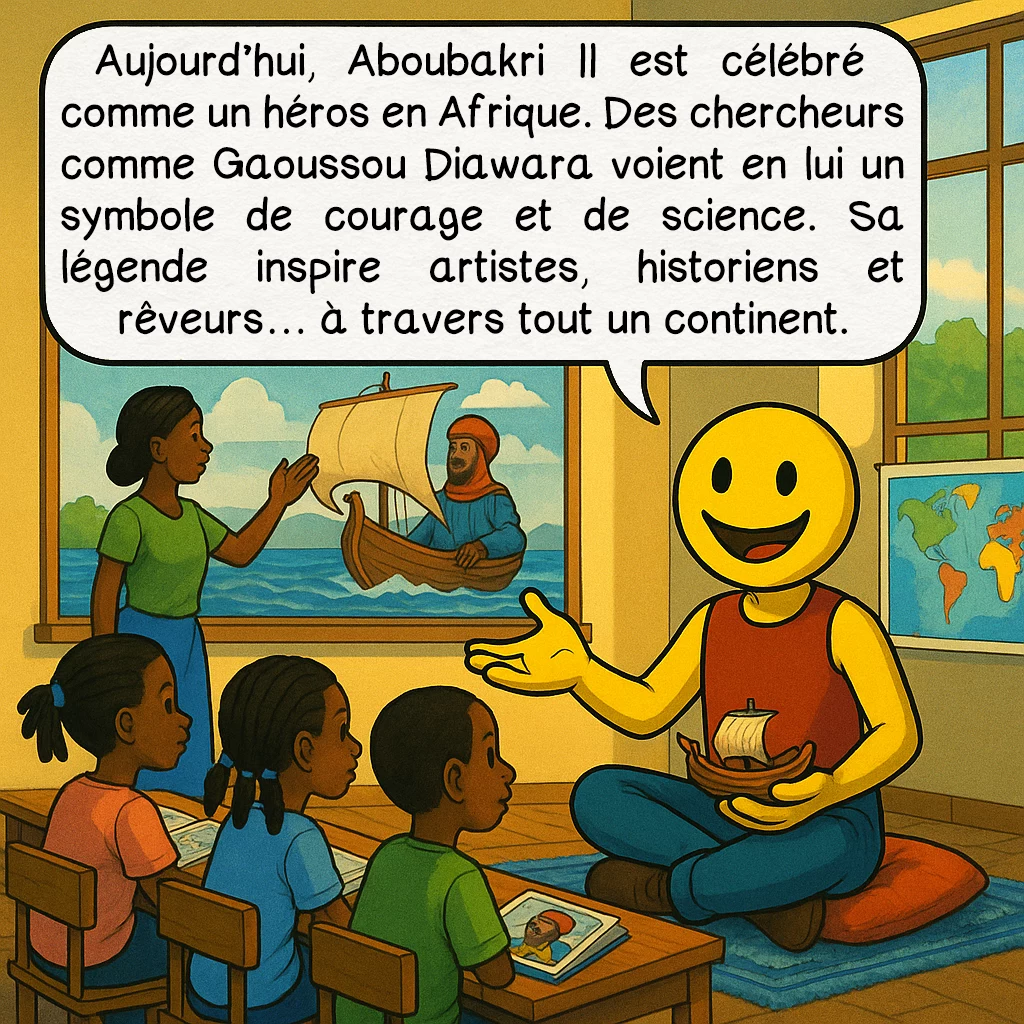 Aboubakri II, case 9 : Aujourd’hui, Aboubakri II est célébré comme un héros en Afrique. Des chercheurs comme Gaoussou Diawara voient en lui un symbole de courage et de science. Sa légende inspire artistes, historiens et rêveurs… à travers tout un continent.