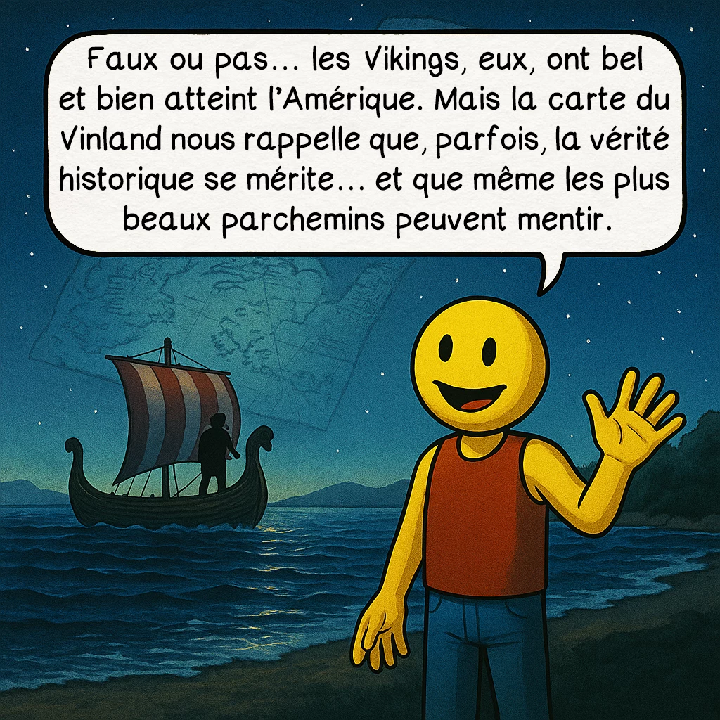 La carte du Vinland, case 10 : Faux ou pas… les Vikings, eux, ont bel et bien atteint l’Amérique. Mais la carte du Vinland nous rappelle que parfois, la vérité historique se mérite… et que même les plus beaux parchemins peuvent mentir.