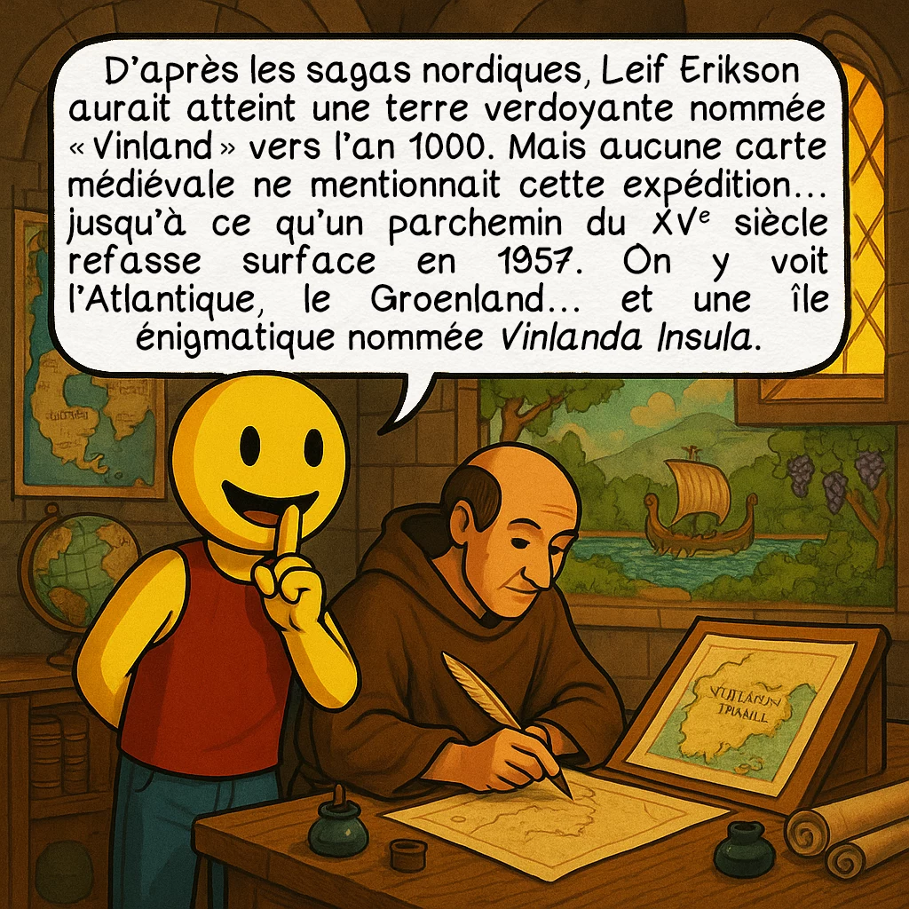 La carte du Vinland, case 2 : D’après les sagas nordiques, Leif Erikson aurait atteint une terre verdoyante nommée “Vinland” vers l’an 1000. Mais aucune carte médiévale ne mentionnait cette expédition… jusqu’à ce qu’un parchemin du XVe siècle refasse surface en 1957. On y voit l’Atlantique, le Groenland… et une île énigmatique nommée Vinlanda Insula.