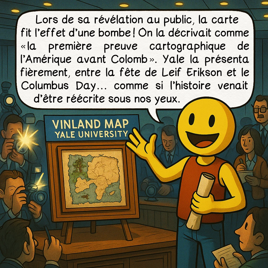 La carte du Vinland, case 4 : Lors de sa révélation au public, la carte fit l’effet d’une bombe ! On la décrivait comme “la première preuve cartographique de l’Amérique avant Colomb”. Yale la présenta fièrement, entre la fête de Leif Erikson et le Columbus Day… comme si l’histoire venait d’être réécrite sous nos yeux.
