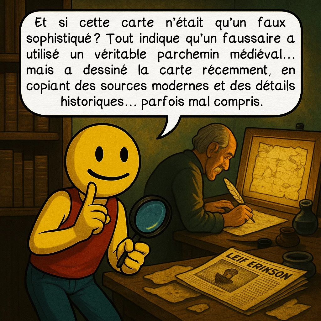 La carte du Vinland, case 6 : Et si cette carte n’était qu’un faux sophistiqué ? Tout indique qu’un faussaire a utilisé un véritable parchemin médiéval… mais a dessiné la carte récemment, en copiant des sources modernes et des détails historiques… parfois mal compris.